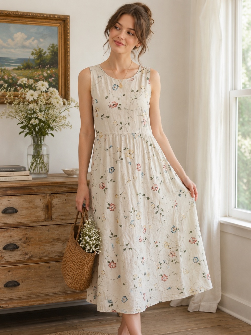 BFA Classics Floral Linen Blend Midi Dress Women’s Medium Petite Cottagecore